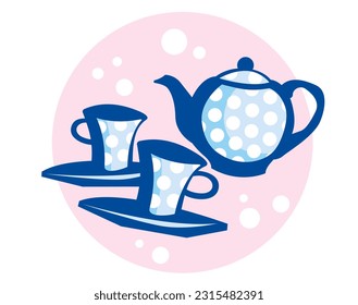 Time to drink tea. Tea set. Teapot and two cups in white polka dots.