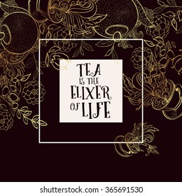 Time to drink tea. The square fashion white card, party invitation with lettering. Style hand-drawing.