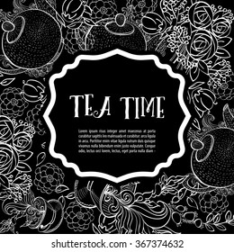 Time to drink tea. The square fashion white card, party invitation. Style hand-drawing.