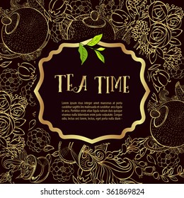 Time to drink tea. Trendy poster with flowers,leaves  tea cup and a kettle.