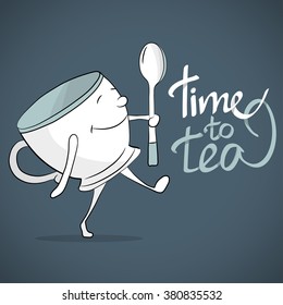 Time to drink tea. White cartoon bowl goes on hiatus. Happy character. Vector caricature illustration