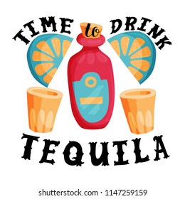 Time to drink tequila bar poster with lettering, tequila bottle and lime. Wall sticker vector illustration