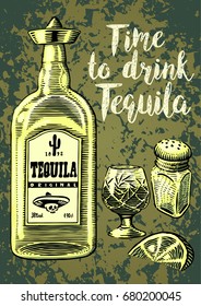 Time to drink Tequila lettering. Hand drawn vector illustration with alcohol bottle of tequila, crystal glass, lemon or lime, and salt. Vintage elements isolated on grunge background.