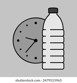 Es hora de beber agua Vector icono de escala de grises. Botella de agua con el signo del reloj. Símbolo gráfico para el Sitio web de la aptitud y de la pérdida de peso y diseño de los App, logotipo, App, UI