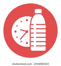 Es hora de beber un icono sólido vector de agua. Botella de agua con señal de reloj. Símbolo gráfico del sitio web de fitness y pérdida de peso y diseño de aplicaciones, logotipo, aplicación, interfaz de usuario