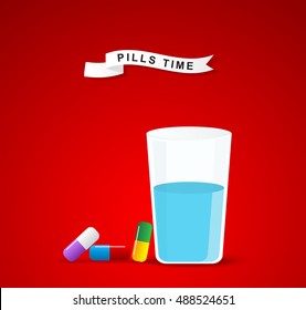 It is time for drugs,pill.Medical pill and glass of water for take pills