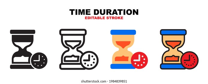 Time Duration icon set with different styles. Colored vector icons designed in filled, outline, flat, glyph and line colored. Editable stroke. Can be used for web, mobile, ui and more.