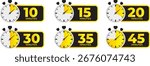 Time Duration Labels with Stopwatch Icons, Countdown Timer Stickers for 10, 15, 20, 30, 35, and 45 Minutes