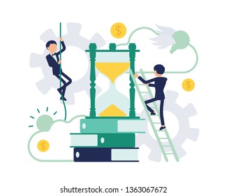 Time, duties for business people. Businessmen near giant hourglass clocks, documents, task employees need to do, plan for team required to perform. Vector abstract illustration with faceless character