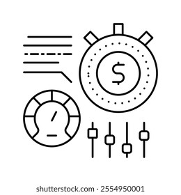 time for earn money settings and optimize line icon vector. time for earn money settings and optimize sign. isolated contour symbol black illustration