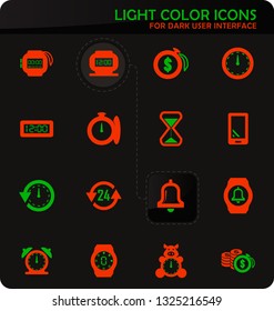 Time easy color vector icons on dark background for user interface design