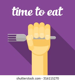 time to eat, food, Hand with a fork, eating, cartoon hand, vector hand