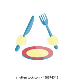 time to eat. hands holding fork & knife above the plate vector illustration isolated in a white background