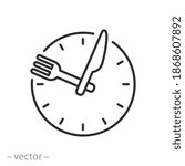 time eat lunch icon, hour healthy food, diet fast concept, break meal, clock with fork knife, thin line symbol on white background - editable stroke vector illustration