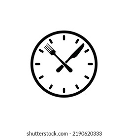 time eat lunch icon, hour healthy food, diet fast concept, break meal, clock with fork knife, thin line symbol on white background