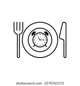 time eat lunch icon, hour healthy food, diet fast concept, break meal, clock with fork knife, thin line symbol on white background - editable stroke vector illustration