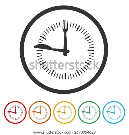 Time eat lunch icon. Set icons in color circle buttons