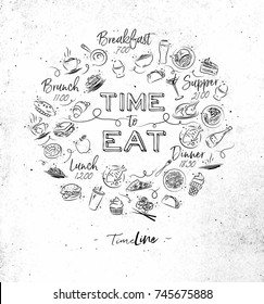 Time to eat monogram with food icon drawing on dirty paper background