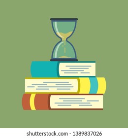 Time and education concept. Stack of colorful books with hourglass. Studying vector illustration.