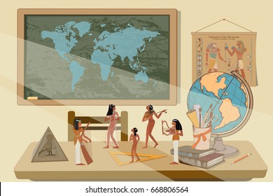 Time to education, Music of ancient Egypt, Back to school,  Egyptian gods and pharaohs background, Power of knowledge, Vector illustration.