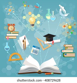 Time to education open book back to school school subjects power of knowledge vector illustration 