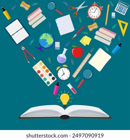 Time to education open book school subjects effective education power of knowledge back to school vector illustration