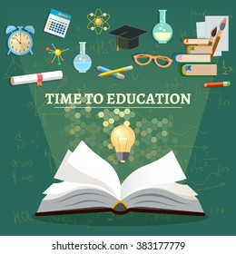 Time to education open book school subjects effective education power of knowledge back to school vector illustration