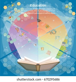 Time to education. Rainbow around the World of Knowledge. Back to school. Vector illustration.
