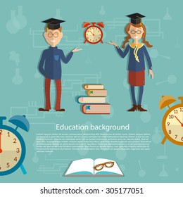 Time For Education Schoolboy Schoolgirl Textbooks Back To School Uniform Alarm Clocks Beginning School College Year Open Book Vector Illustration  