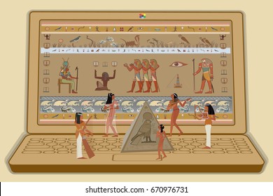 Time to education, Set of children's toys, Egyptian gods and pharaohs background, Back to school,  Power of knowledge, Vector illustration.