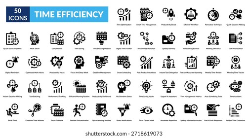 Symbolsatz für die Zeiteffizienz-Glyphe. Zeitoptimierung, intelligenter Workflow, Produktivitätssteigerung, fokussierte Arbeit, Pomodoro-Methode, schnelle Entscheidungen, Aufgabenpriorität