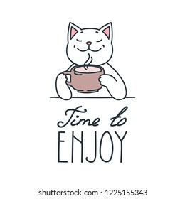 
Time to enjoy. Illustration of funny cat enjoying coffee. Can be used for menu, logo or flyer. Vector 8 EPS.