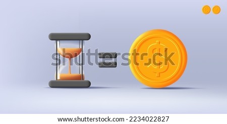 Time equals money concept 3d illustration with sand clock icon and golden coin