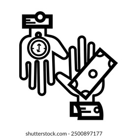 Time equals money. Hands, clock, and money icon illustration isolated on square white background. Simple flat outlined cartoon art styled drawing.