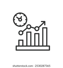 Estimación de tiempo, en diseño de línea. Estimación de tiempo, cronología del proyecto, duración, plazos, programación, gestión de tiempo, pronóstico en Vector de fondo blanco. Icono de trazo editable de estimación de tiempo