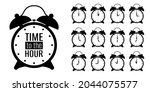 Time to the every hour of the clock. Set black alarm clocks icon, sign, symbol isolated on white background. Vector illustration