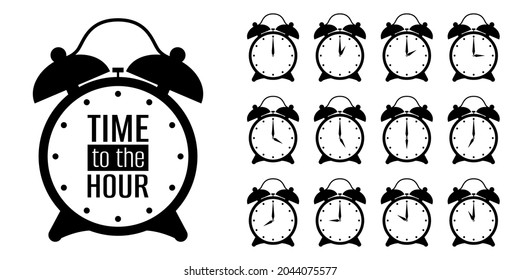 Time to the every hour of the clock. Set black alarm clocks icon, sign, symbol isolated on white background. Vector illustration