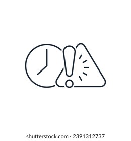 Time with an exclamation mark.  Vector linear illustration icon isolated on white background.