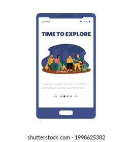 Time to explore concept of application onboarding page with people in camping, flat vector illustration isolated on white background. Camping and tourism app.