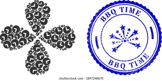 Time explosion flower with four petals, and blue round BBQ TIME grunge seal with icon inside. Object flower with 4 petals composed from oriented time items. Vector flower collage in flat style.