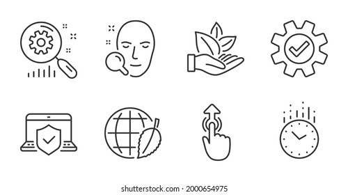 Time, Face search and Service line icons set. Laptop insurance, Search statistics and Swipe up signs. Organic product, Environment day symbols. Clock, Find user, Cogwheel gear. Vector