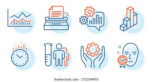 Time, Face verified and Employee hand signs. 3d chart, Trade infochart and Medical analyzes line icons set. Cogwheel, Typewriter symbols. Presentation column, Business analysis. Science set. Vector