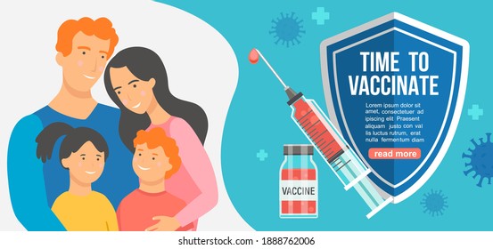 Time to family vaccinate banner.Call for vaccine use.Injection that protects health.Health care concept in social media campaign,flyer.Coronavirus 2019 nCoV disease defeat,end of pandemic.Vector