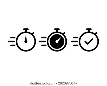 time fast approval check mark stopwatch icon set vector. Quick verification and completed task symbols for web and mobile UI design