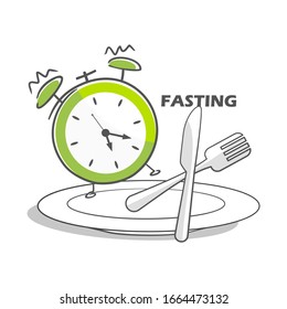 time for fasting. concept of ramadan fasting or intermittent fasting. alarm clock and fork with cutlery on white plate