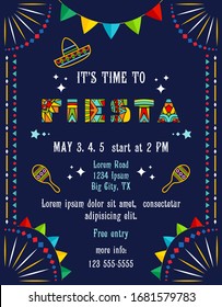 Time to Fiesta announcing poster template with festive decorative elements. Customized text for Mexican style party invitation. Colorful details at dark blue background. Vector design.