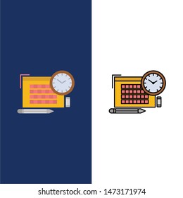 Time, File, Pen, Focus  Icons. Flat and Line Filled Icon Set Vector Blue Background