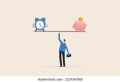 Time Finance. Business and Commercial Funding Solutions. time and money management. businessman balance a seesaw with clock and piggy bank.