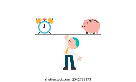 Time Finance. Business and Commercial Funding Solutions. time and money management. businessman balance a seesaw with clock and piggy bank.