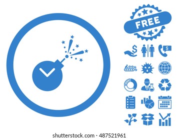 Time Fireworks Charge icon with free bonus pictures. Vector illustration style is flat iconic symbols, cobalt color, white background.